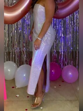 Pink/lilac sequin strapless midi dress with side slits
